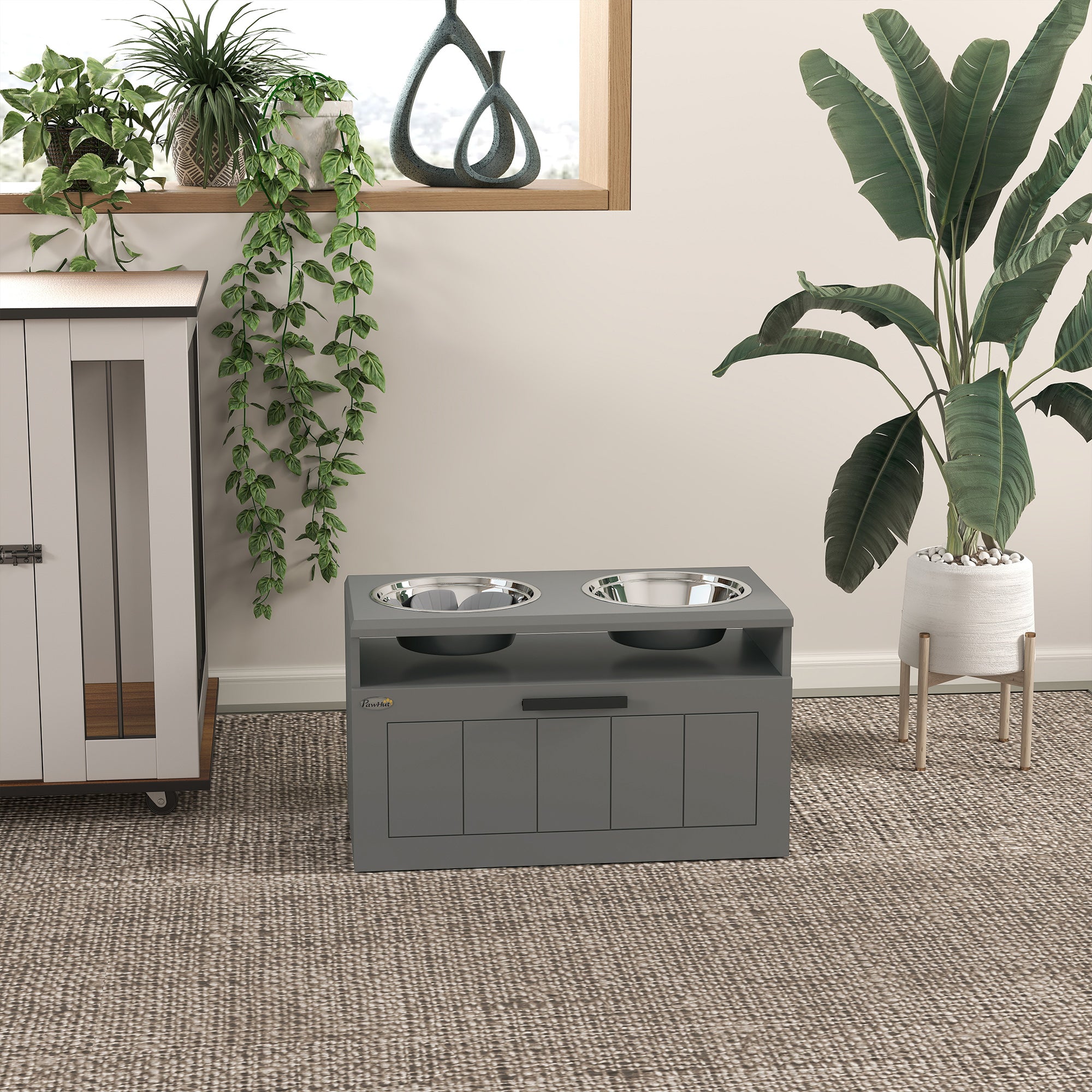 Elevated Dog Bowl Stand with Stainless Bowls, Storage Drawer & Slow‑Feeder Mat