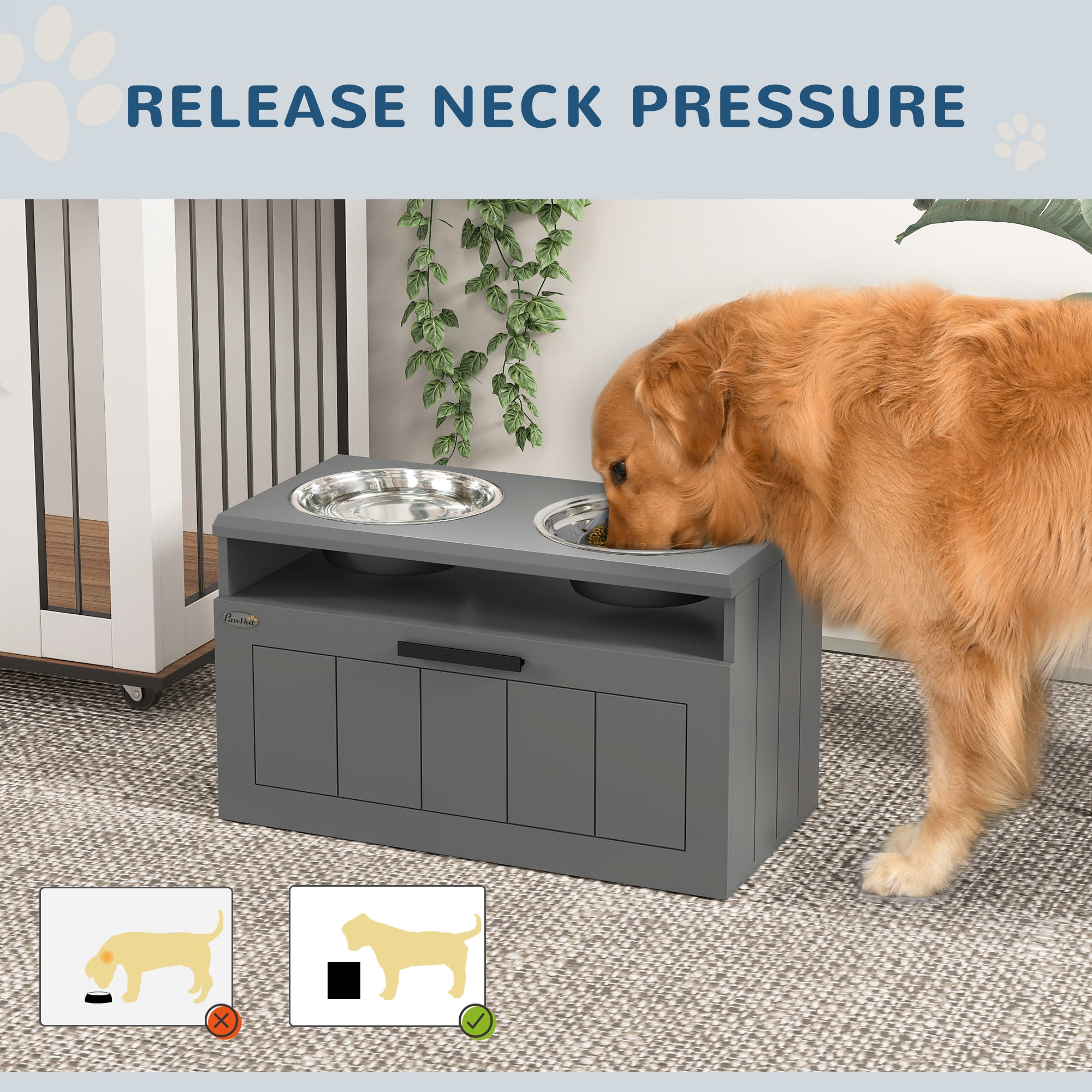 Elevated Dog Bowl Stand with Stainless Bowls, Storage Drawer & Slow‑Feeder Mat