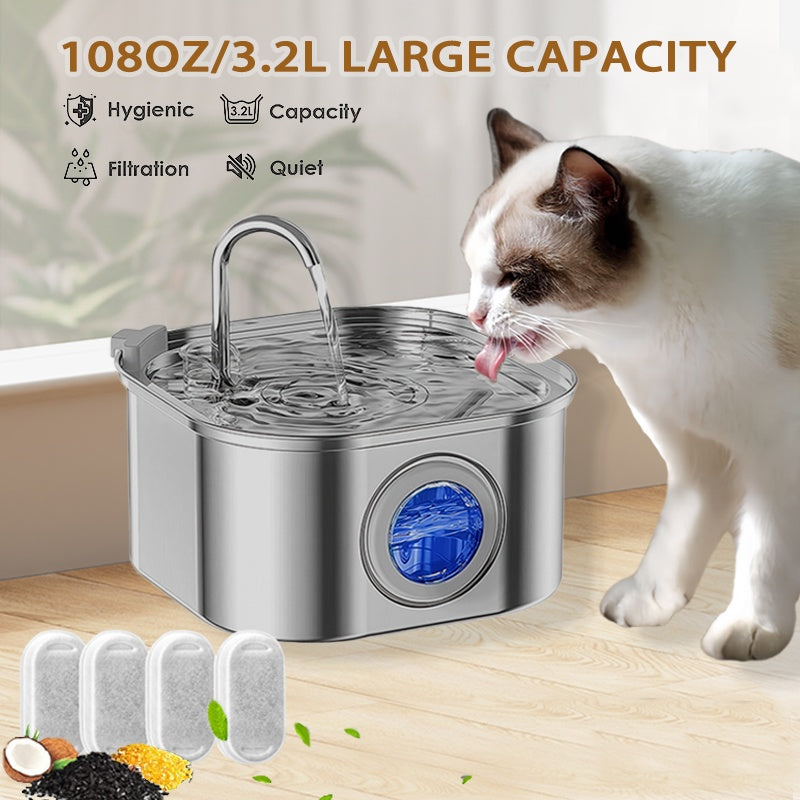 3.2L Stainless‑Steel Pet Water Fountain with Water‑Level Window
