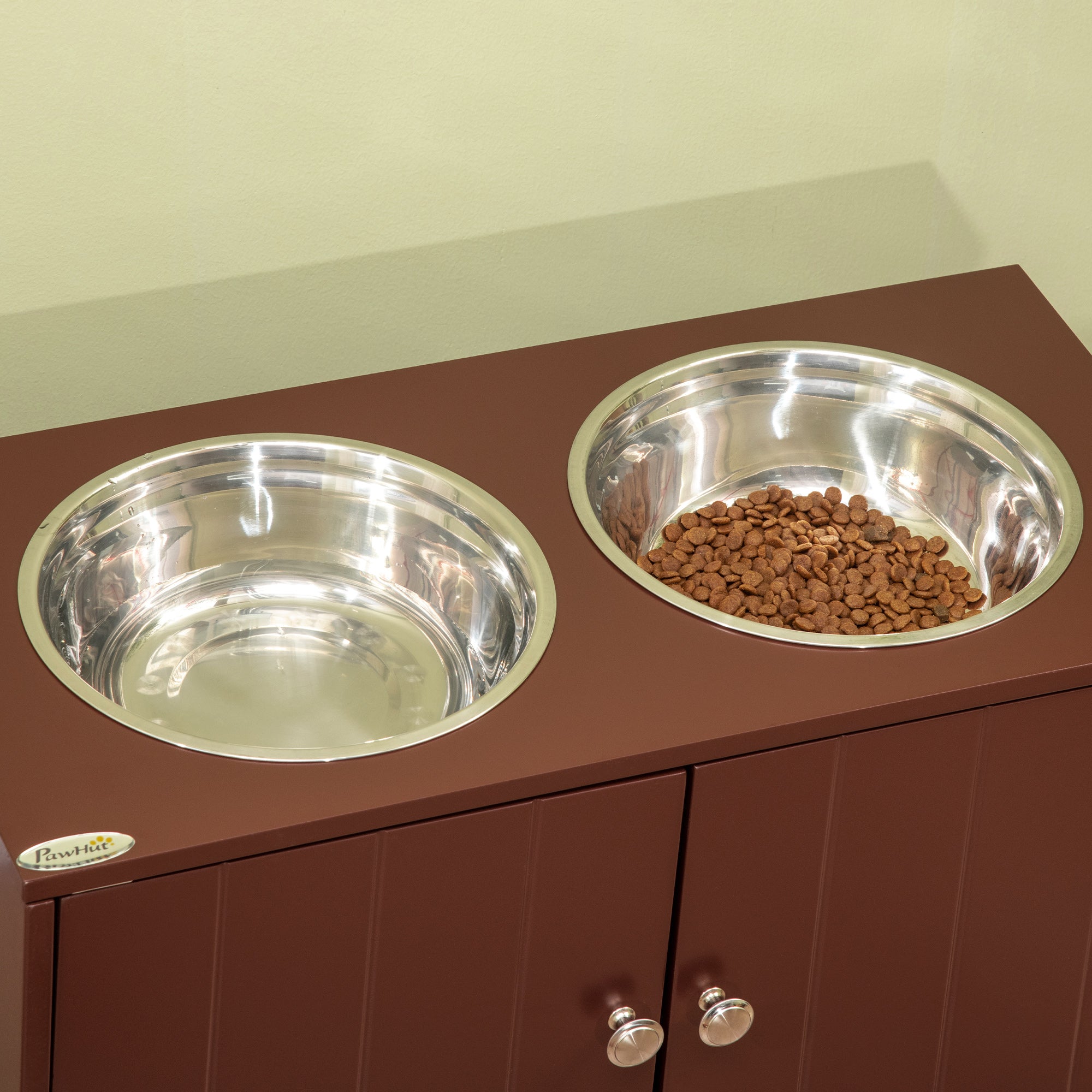 Elevated Dog Bowl Stand with Storage Cabinet – Brown