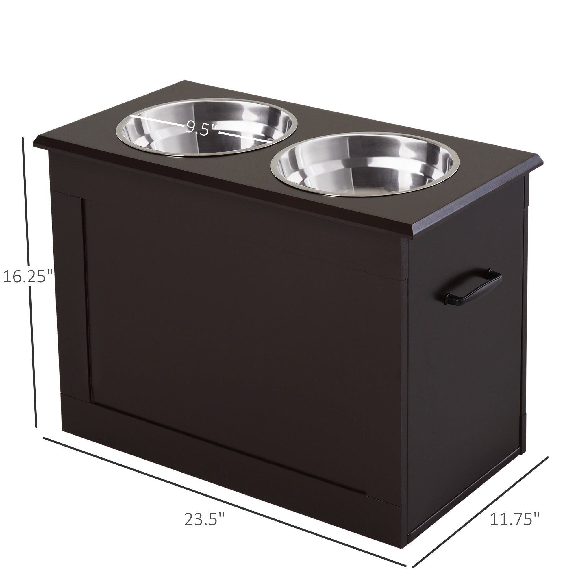 Raised Pet Feeding Station with Stainless Bowls & Storage – Coffee
