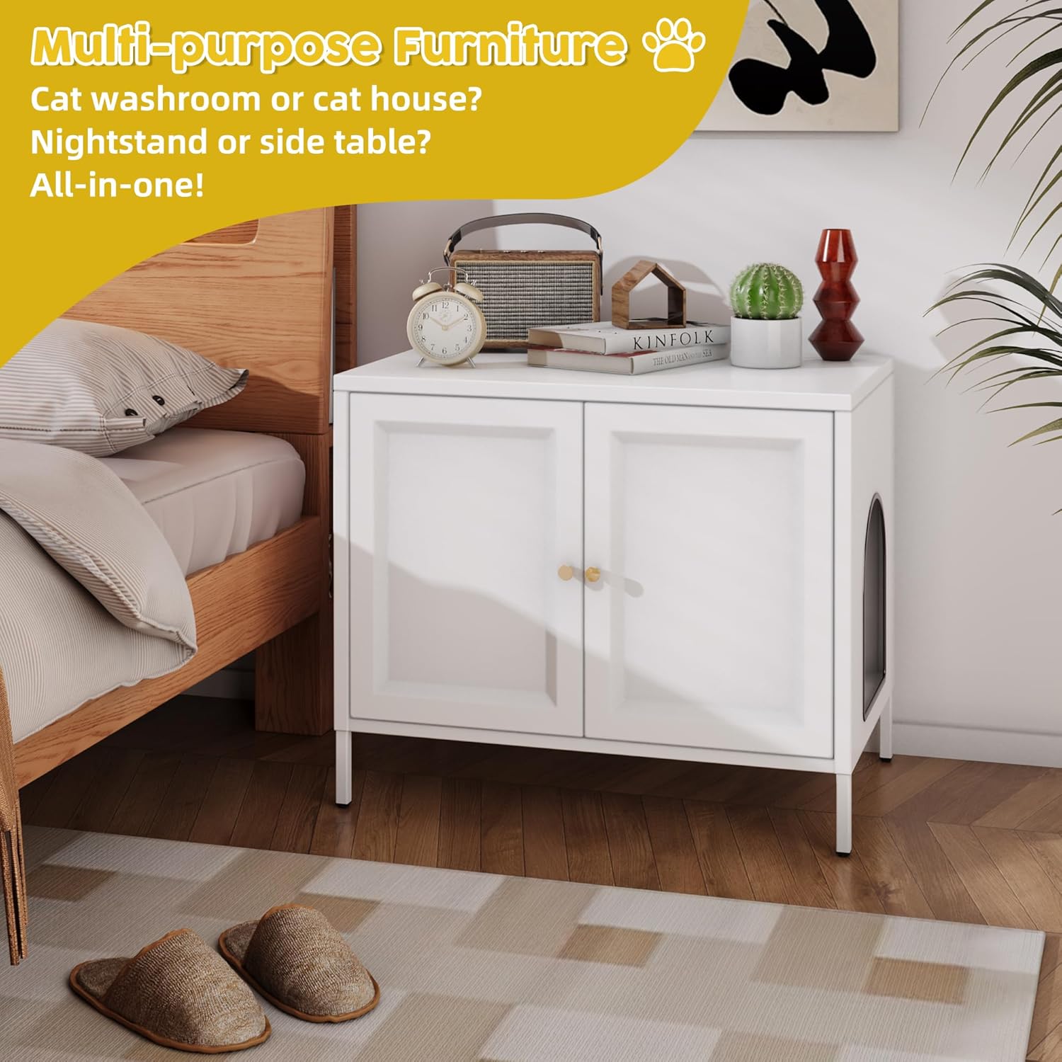 Cat Litter Box Enclosure,Metal Cat Washroom Furniture With Barn Door, Indoor Pet House, Fit Most Of Litter Box, End Side Table,White