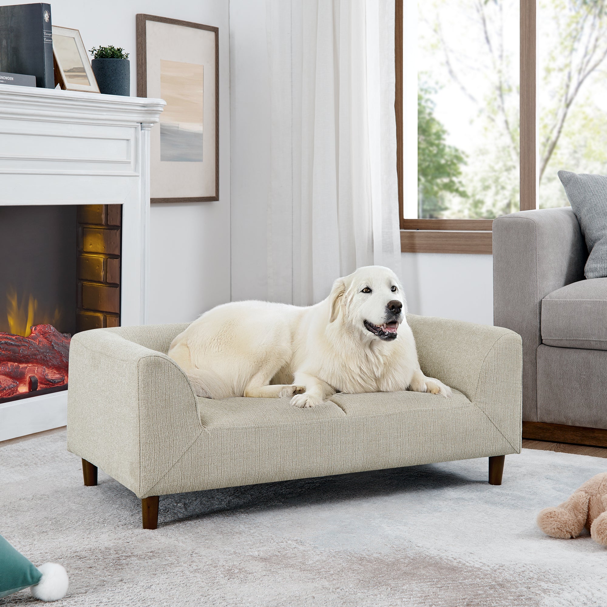 Pet Sofa With Backrest And Armrests, Modern Rectangular Pet Sofa Suitable For Small And Medium Dogs, Soft Cushion Comfortable Dog Sofa,--BEIGE