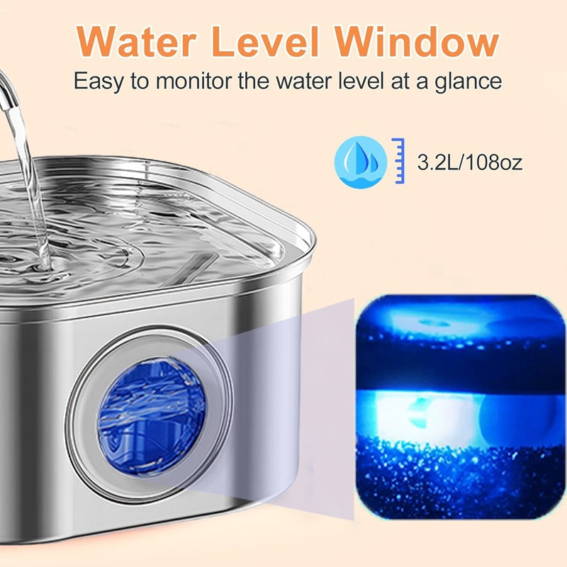 3.2L Stainless‑Steel Pet Water Fountain with Water‑Level Window