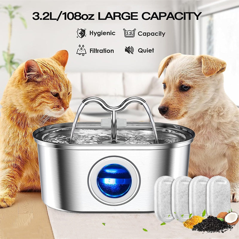 3.2L Stainless‑Steel Cowhorn Pet Water Fountain with Replaceable Filters