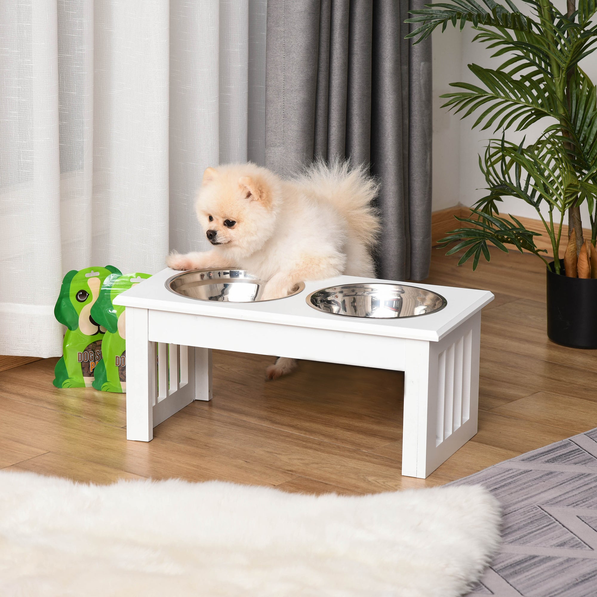 6″ Elevated Puppy Feeding Station with Stainless Bowls & Wooden Frame – White