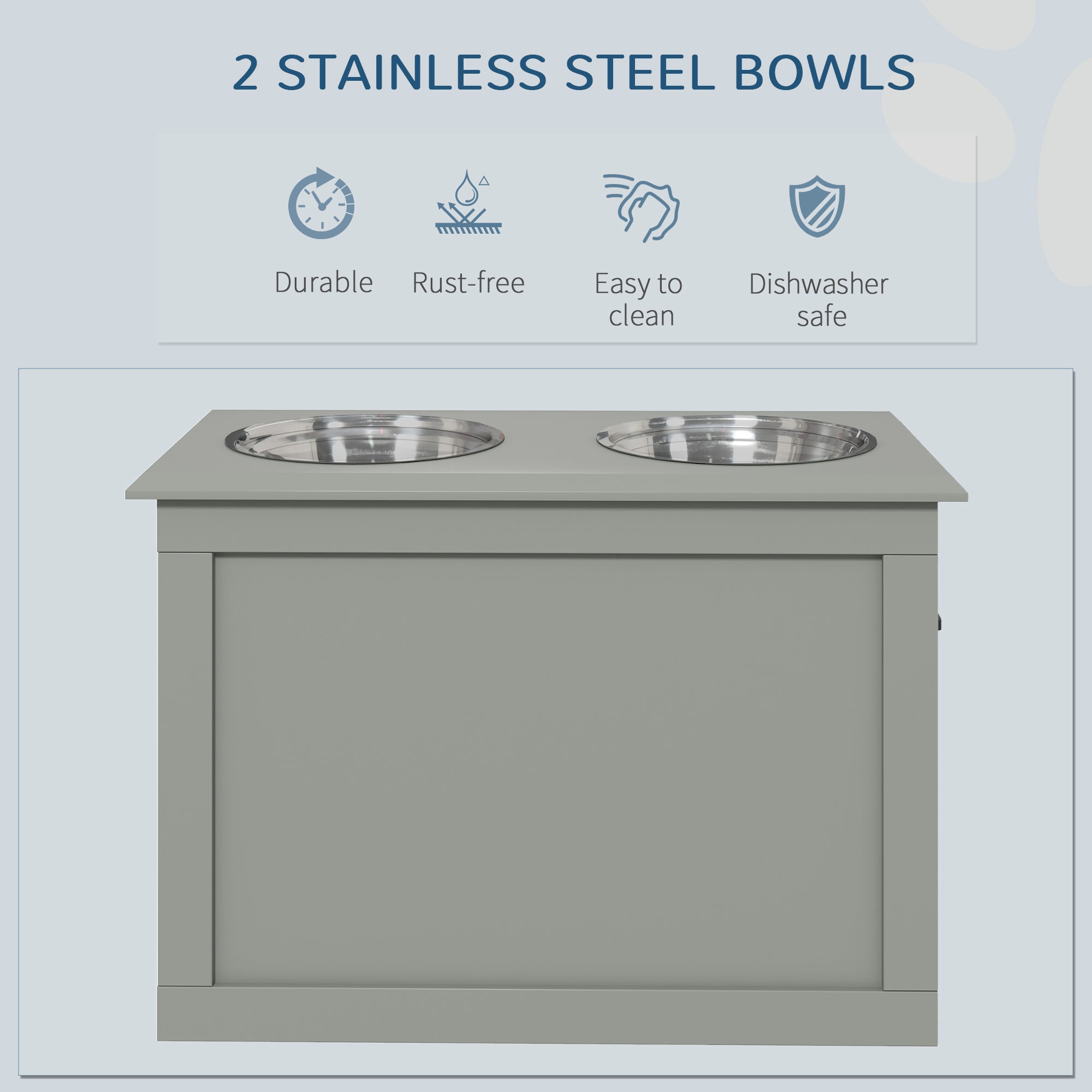 Raised Pet Feeding Station with Stainless Bowls & Storage – Gray