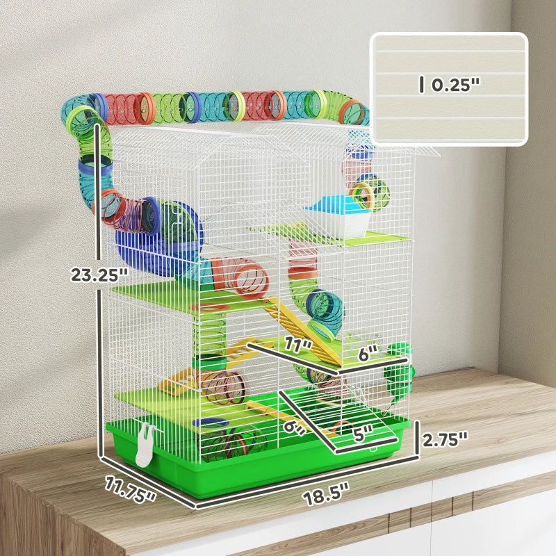 PawHut 5 Tier Hamster Cage With Tubes And Tunnels, Small Animal Cage, Rat Gerbil Cage With Water Bottle, Food Dish, Exercise Wheel, Green