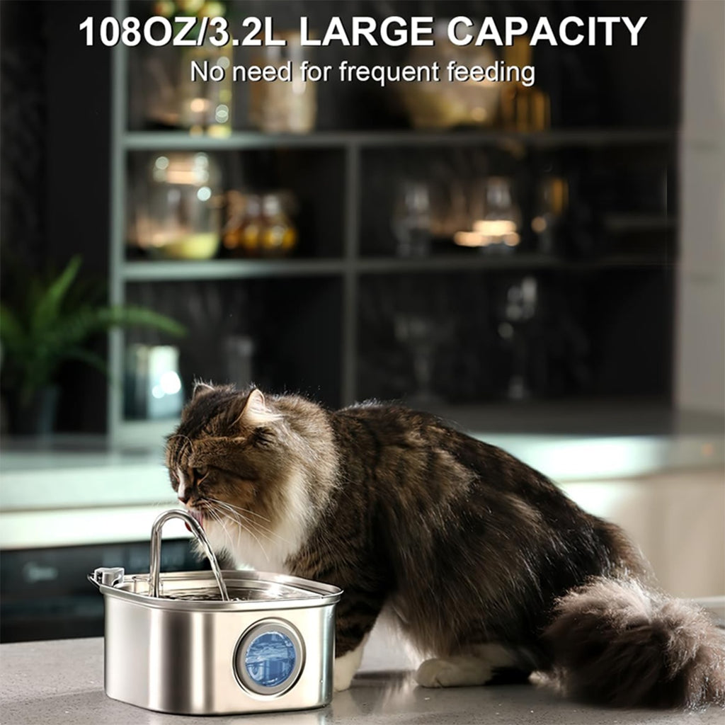 3.2L Stainless‑Steel Pet Water Fountain with Water‑Level Window