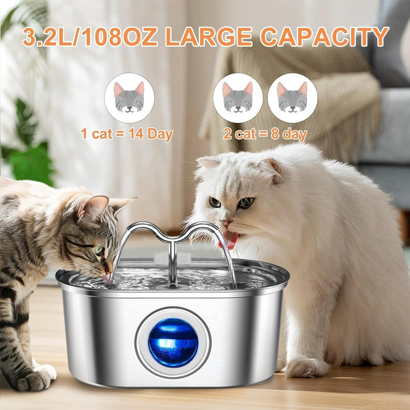 3.2L Stainless‑Steel Cowhorn Pet Water Fountain with Replaceable Filters