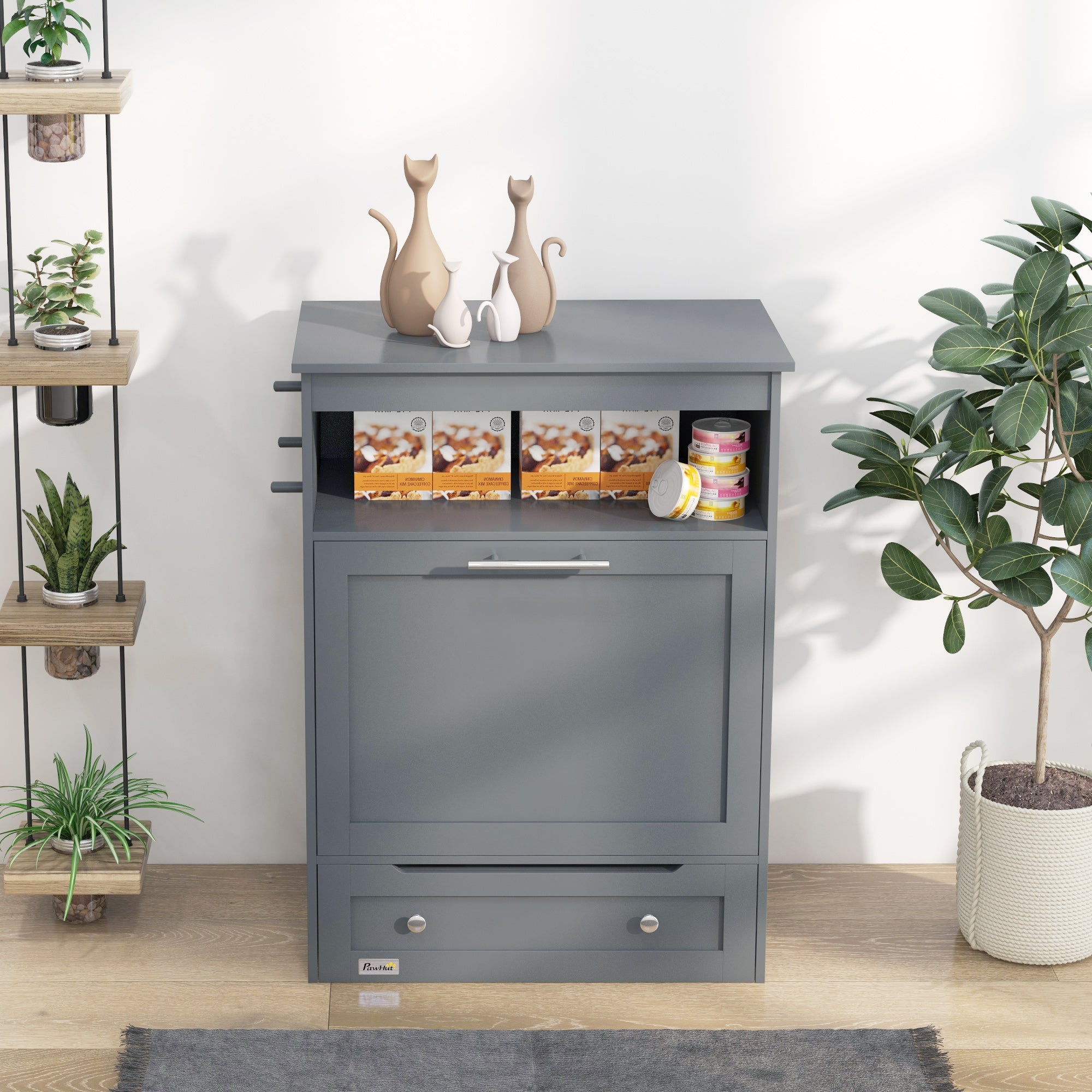 Pet Feeder Station Cabinet with Raised Bowls & Food Storage – Gray