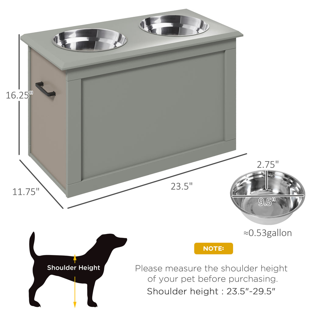 Raised Pet Feeding Station with Stainless Bowls & Storage – Gray