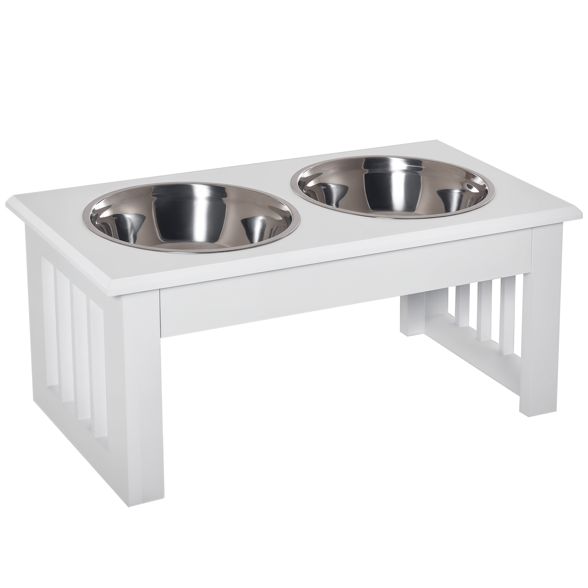 6″ Elevated Puppy Feeding Station with Stainless Bowls & Wooden Frame – White