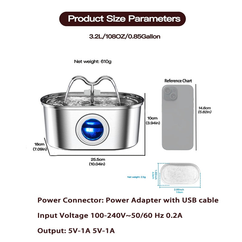 3.2L Stainless‑Steel Cowhorn Pet Water Fountain with Replaceable Filters