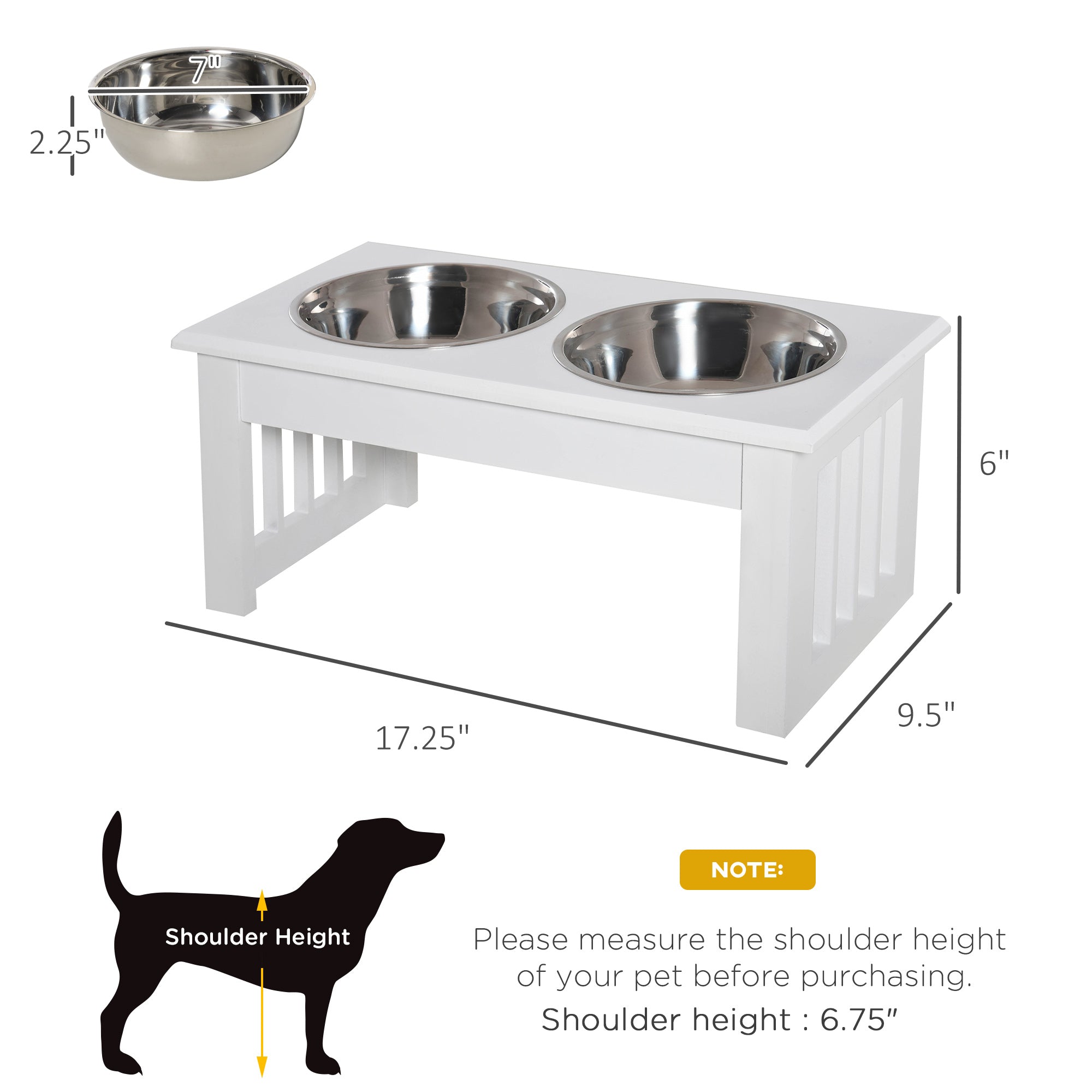 6″ Elevated Puppy Feeding Station with Stainless Bowls & Wooden Frame – White