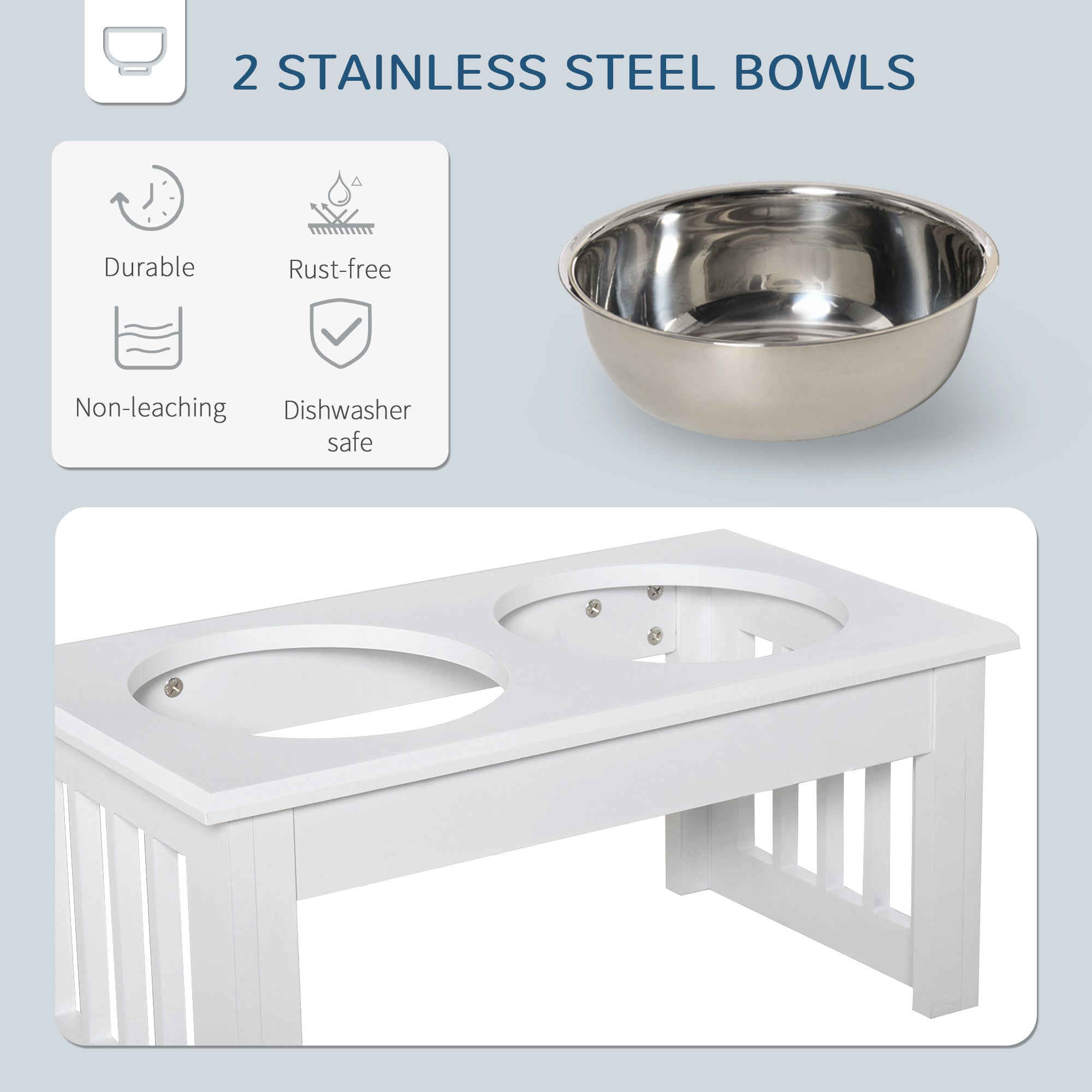 6″ Elevated Puppy Feeding Station with Stainless Bowls & Wooden Frame – White