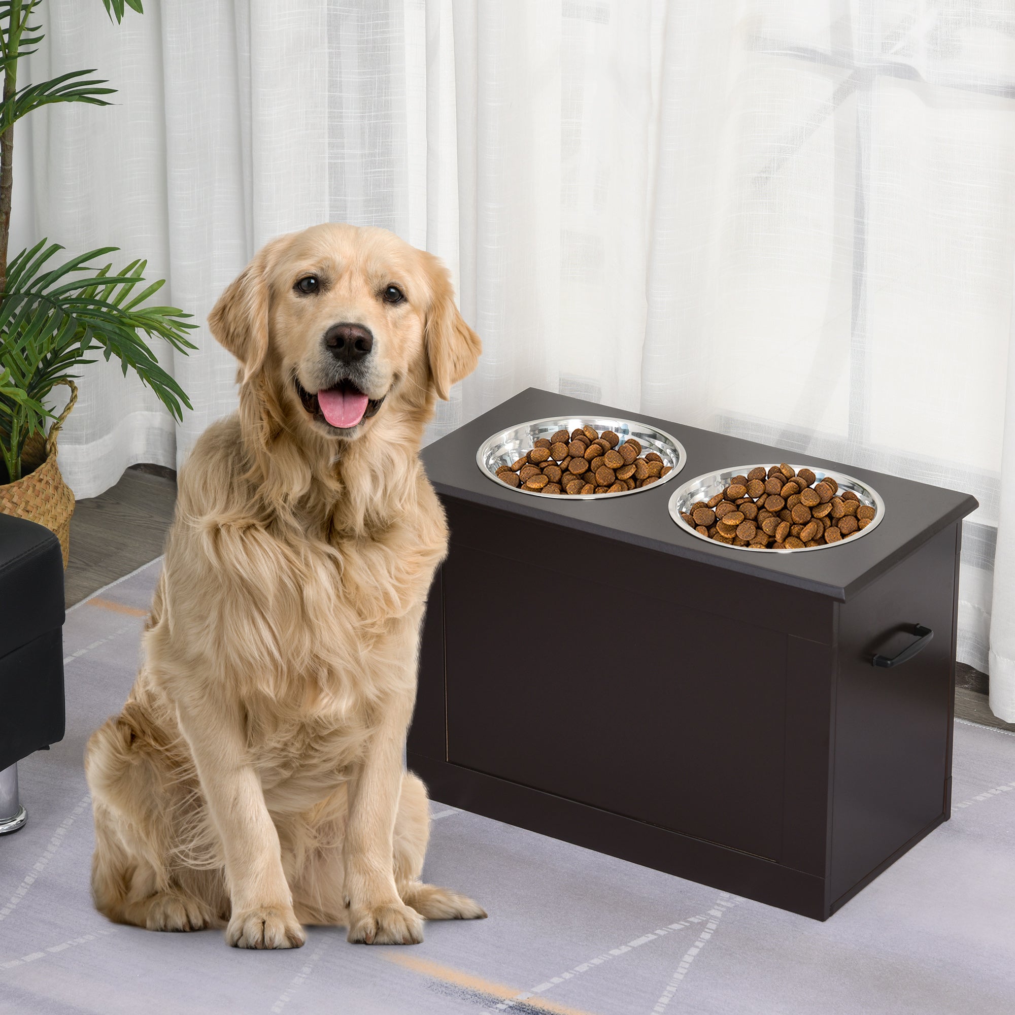 Raised Pet Feeding Station with Stainless Bowls & Storage – Coffee