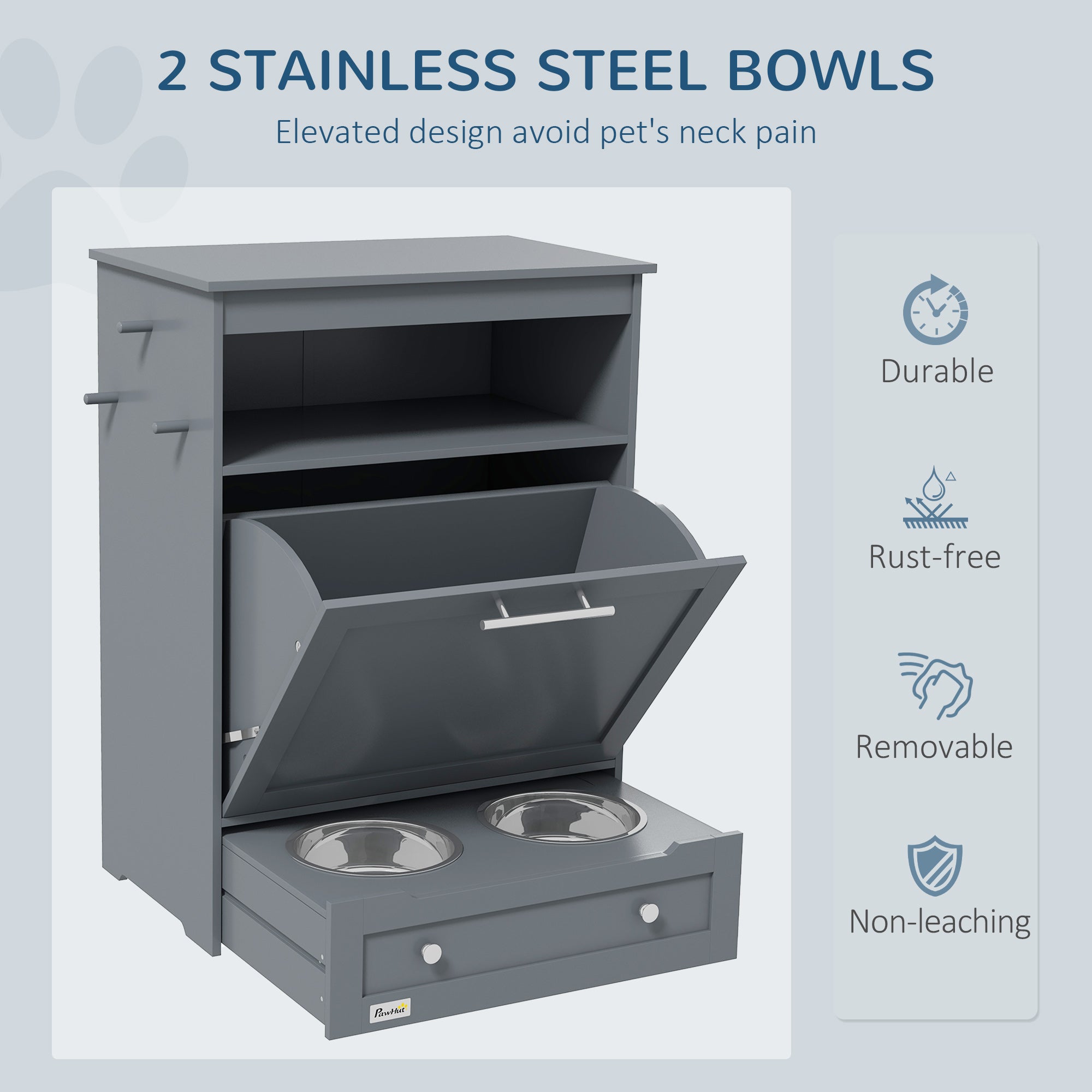 Pet Feeder Station Cabinet with Raised Bowls & Food Storage – Gray