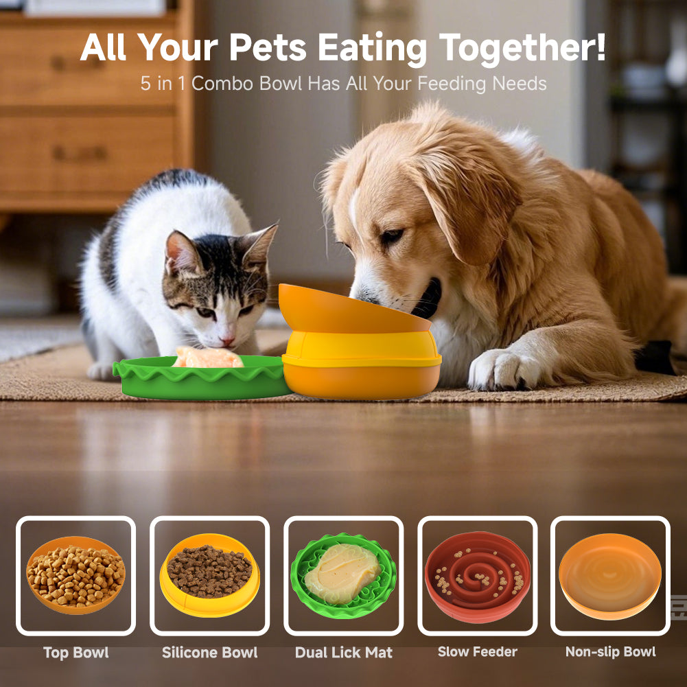 5‑in‑1 Multi‑Layer Pet Bowl Set with Hamburger Design