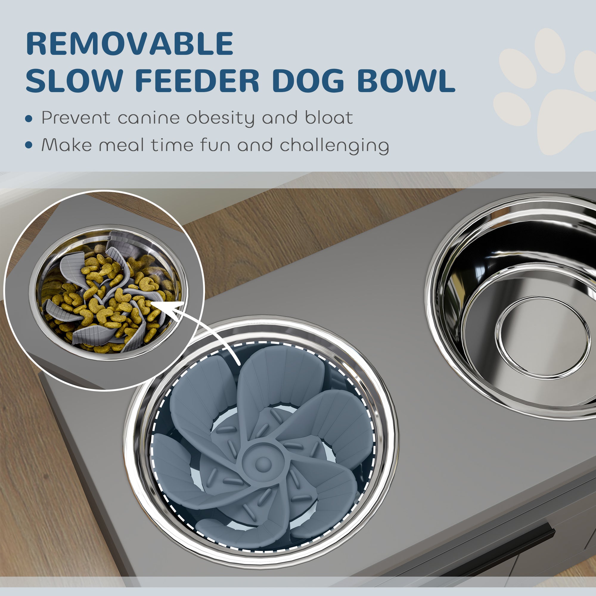 Elevated Dog Bowl Stand with Stainless Bowls, Storage Drawer & Slow‑Feeder Mat