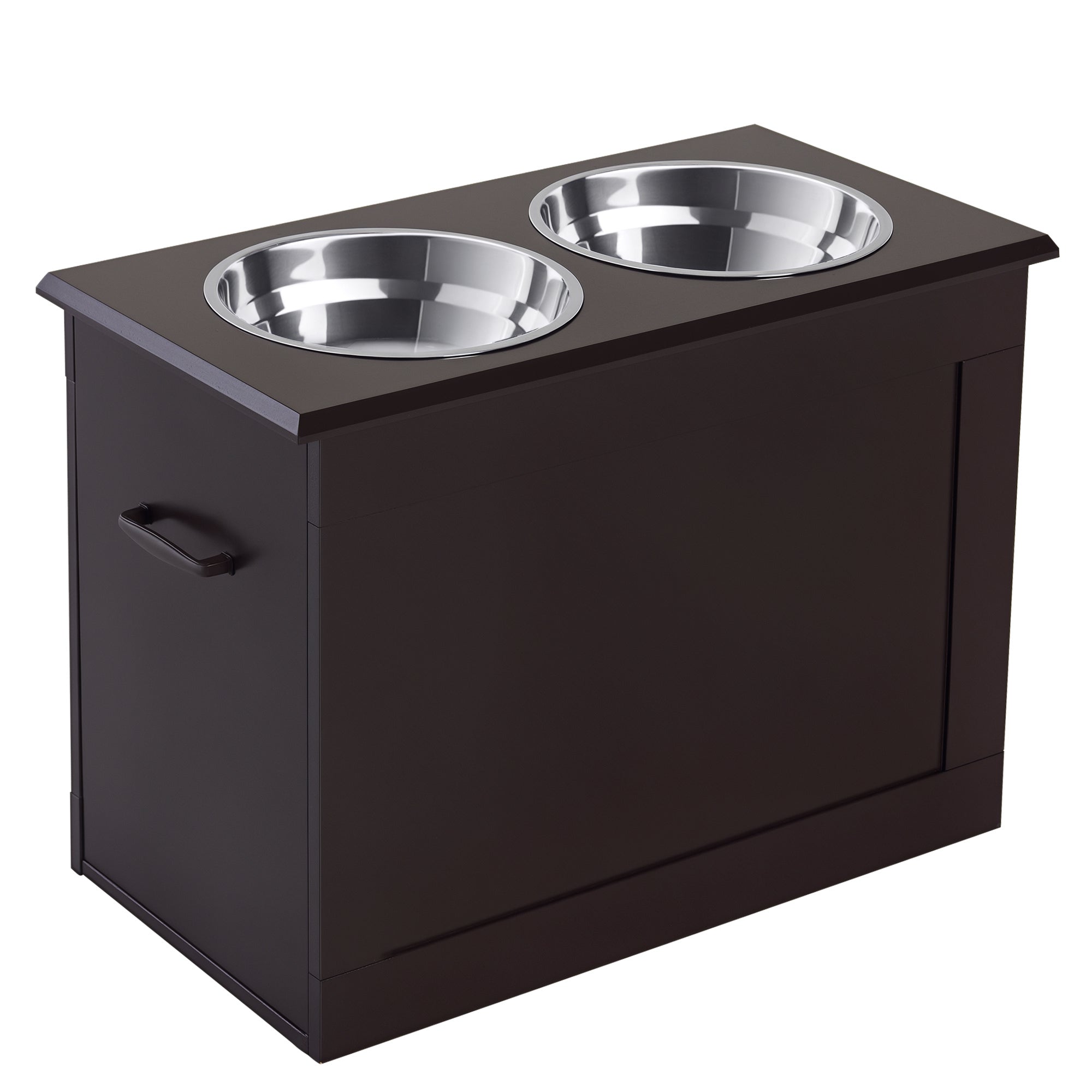 Raised Pet Feeding Station with Stainless Bowls & Storage – Coffee