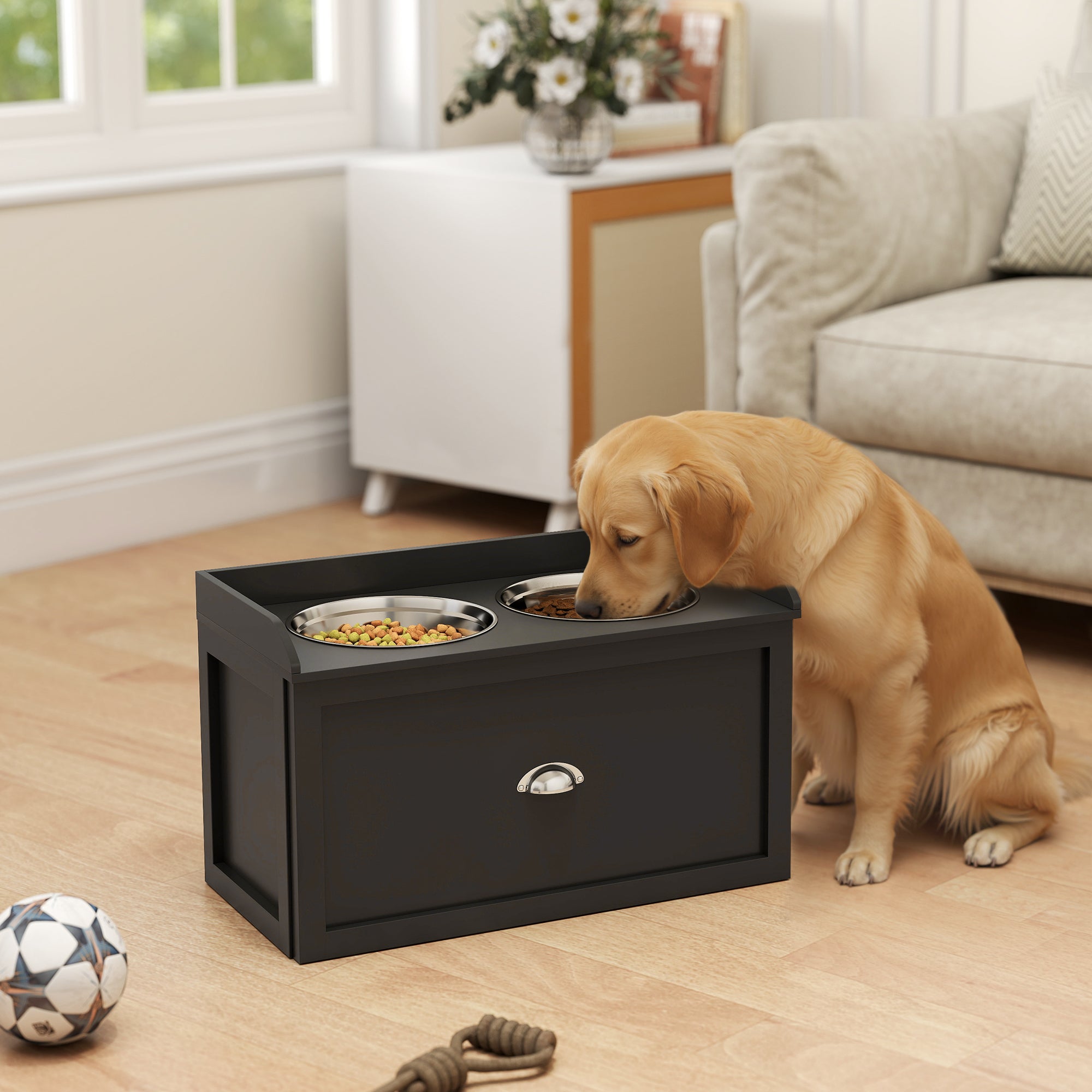 Pet Feeding Station with Storage & Elevated Bowls