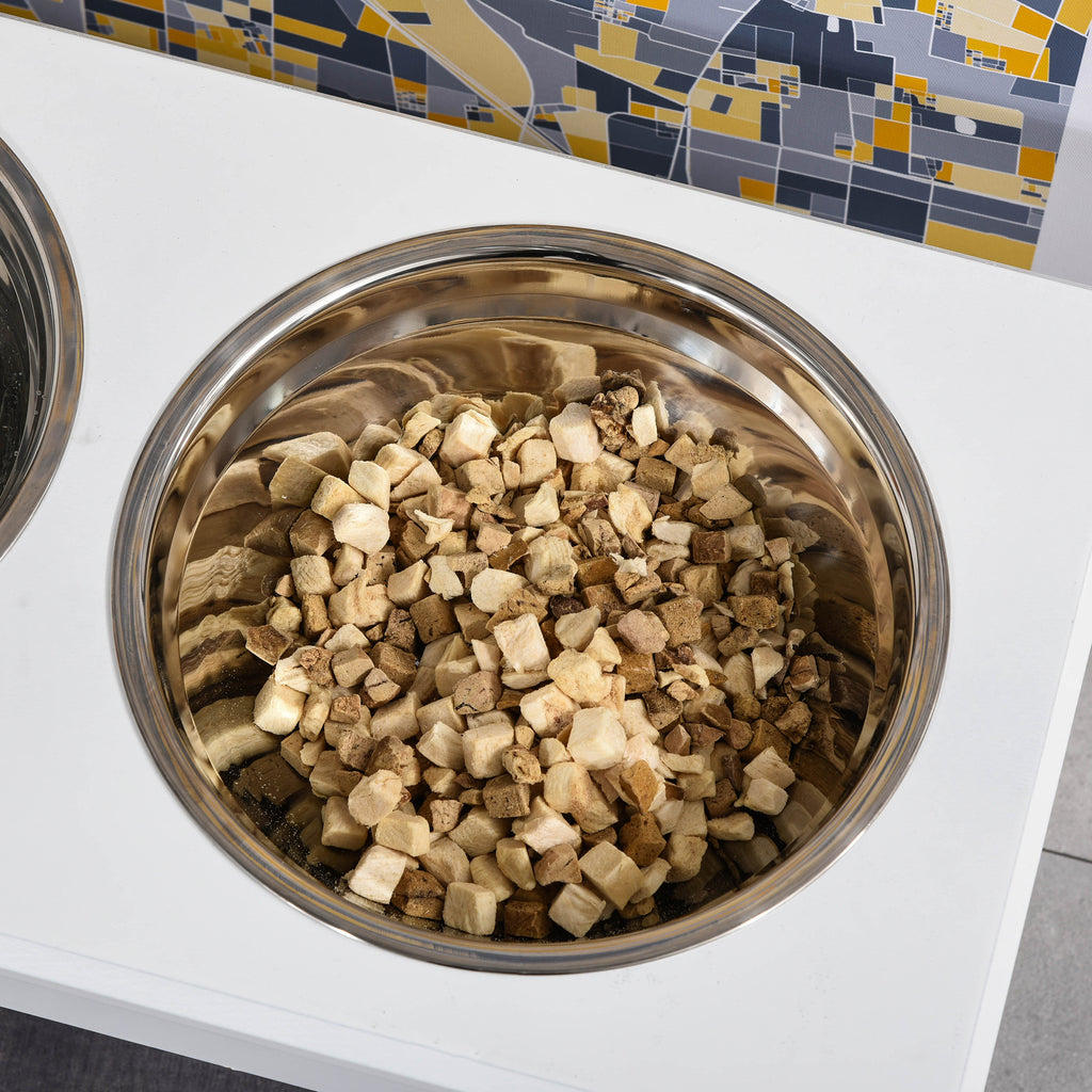 6″ Elevated Puppy Feeding Station with Stainless Bowls & Wooden Frame – White